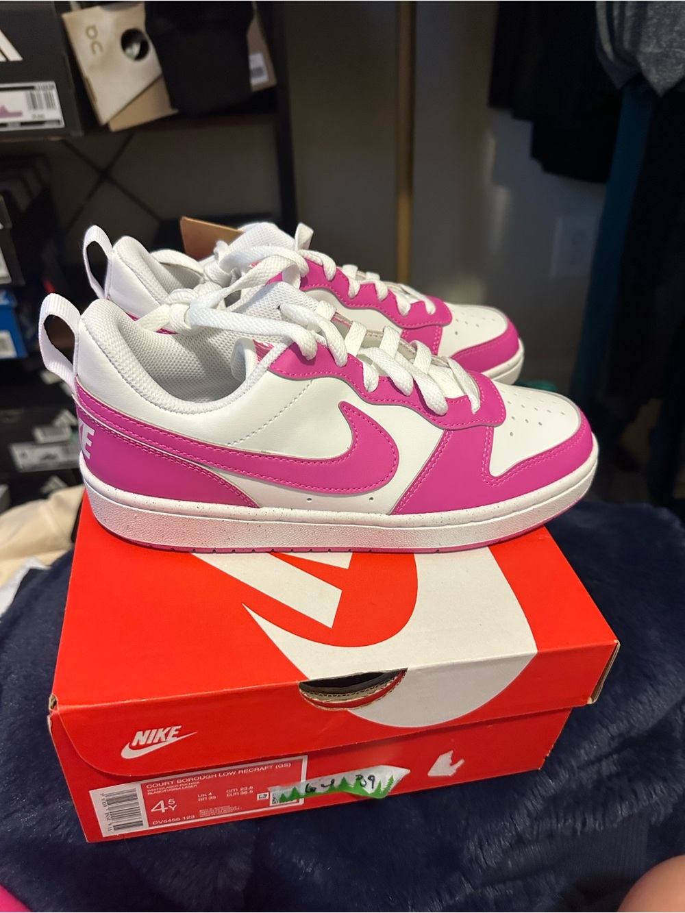 Nike Borough Low-Top Sneakers in White & Bright Pink Youth 4.5 Women’s 6